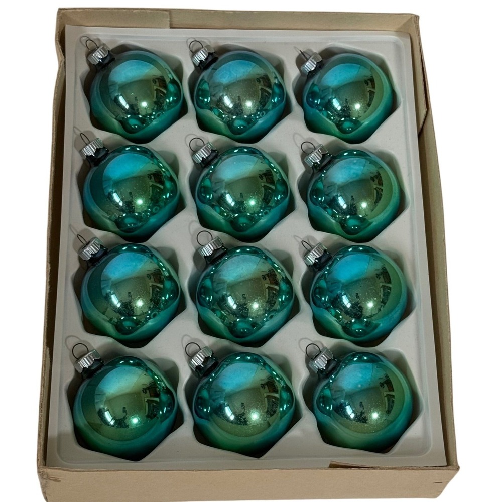 Vintage Shiny Brite Teal Aqua Glass Christmas Ornaments Set 12 Kurt Adler